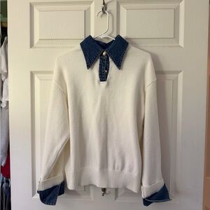 Commense Cream Crewneck Sweater with Denim Collar